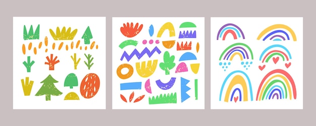 Drie abstracte posters set Flat schattig cartoon ontwerp Doodle elementen op de achtergrond