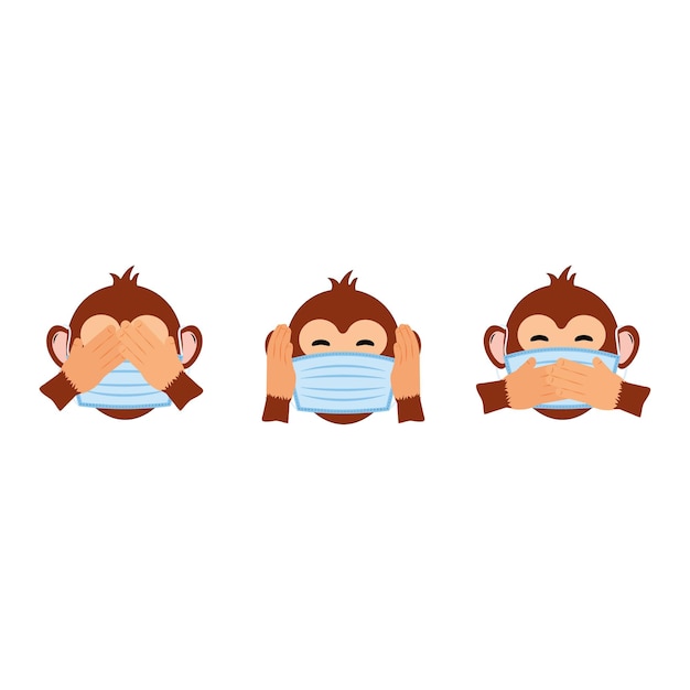 Drie apen laten zien hoe je gezichtsmaskers draagt tijdens de COVID 19-pandemie