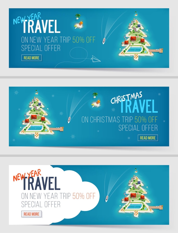 Vector drie banners voor nieuwjaar en kerstvakantie.