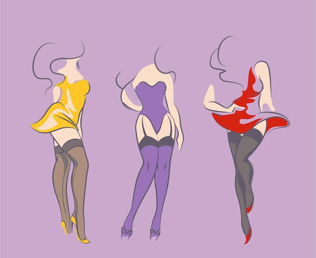 drie beelden van vrouwen met een geel shirt en paarse broek