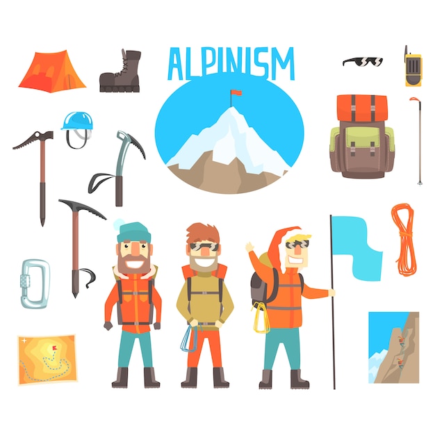 Drie bergbeklimmers en bergbeklimmen uitrusting set van alpinisme en alpinist tools illustraties