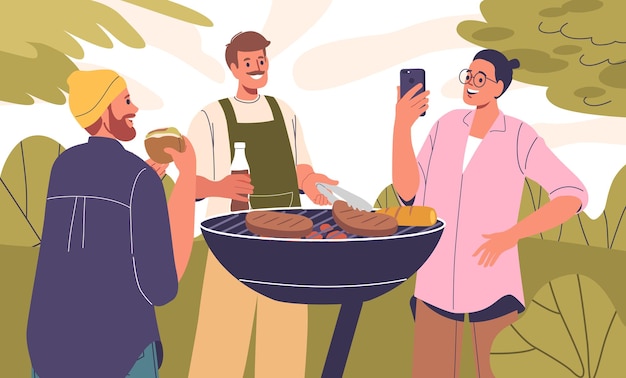Drie cartoonvrienden hebben een leuke barbecue buiten en genieten van gegrilde gerechten en dranken.