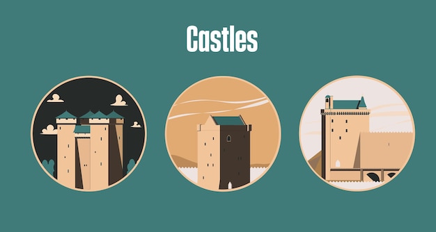 Drie europese kastelen toeristische architectuur middeleeuwse scène moderne platte ontwerpstijl