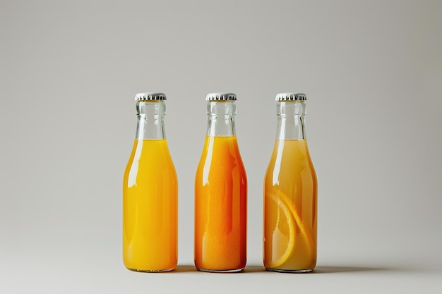 drie flessen oranje vloeistof met de doppen met het etiket oranje