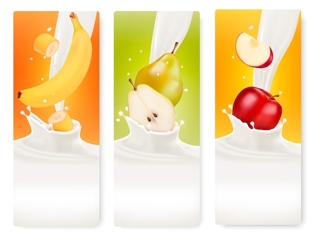 Drie fruit- en melkbanners.