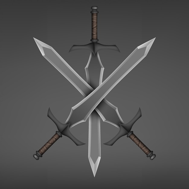 Drie gekruiste middeleeuws zwaard geïsoleerd op donkere achtergrond