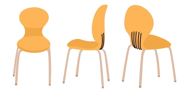 Drie gele plastic stoelen vanuit verschillende hoeken Meubilair voor een café-restaurant of eetkamer Vergaderruimte Samen praten concept Vlakke stijl in vectorillustratie Geïsoleerde elementen