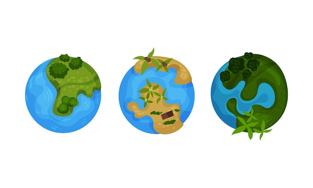 Drie globes met verschillende landgebieden vectorillustratie op een witte achtergrond