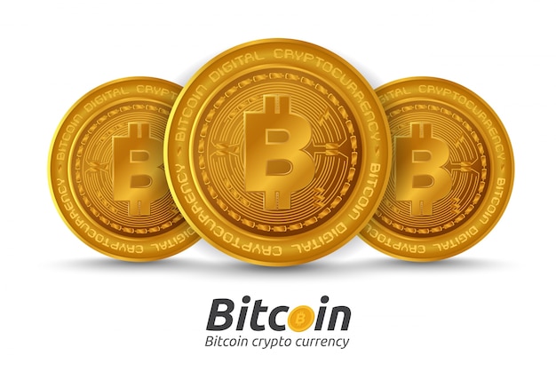 Drie gouden Bitcoin-teken op witte achtergrond.