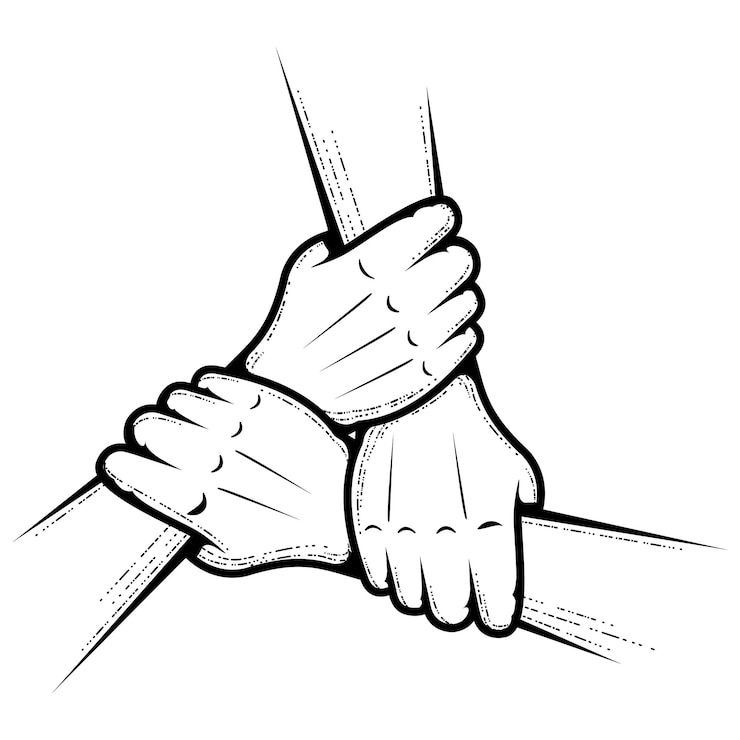 Vector drie handen die elkaar vasthouden, slaan de handen ineen bij teamwerk en vriendschapsconcept vector