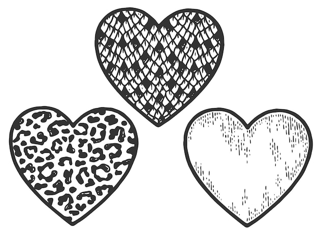Drie harten in de buurt van slangenluipaard en schets teken en symbool van liefde krasbord imitatiekleuring