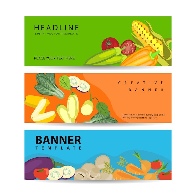 Drie horizontale banners met kleurrijke groenten en fruit in realistische stijl vectorillustratie