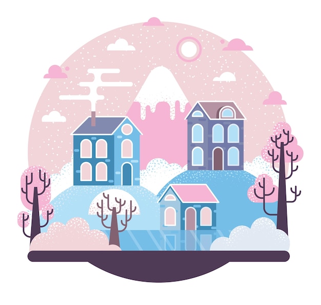 Drie huizen op een heuvel naast een meer bedekt met ijs winter illustratie