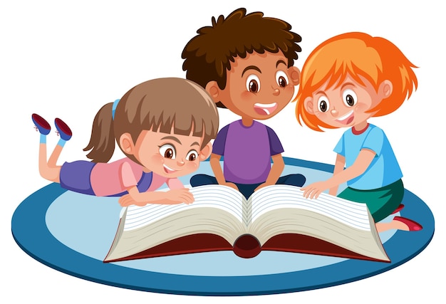 Vector drie jonge kinderen die een boek op witte achtergrond lezen