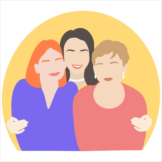 Drie jonge mooie meisjes Een vriend knuffelt anderen bij de schouders Vriendschapsdag Platte kunst Zusterschap ondersteuning vrouwtjes vriendschap vectorillustratie voor internationale Vrouwendag