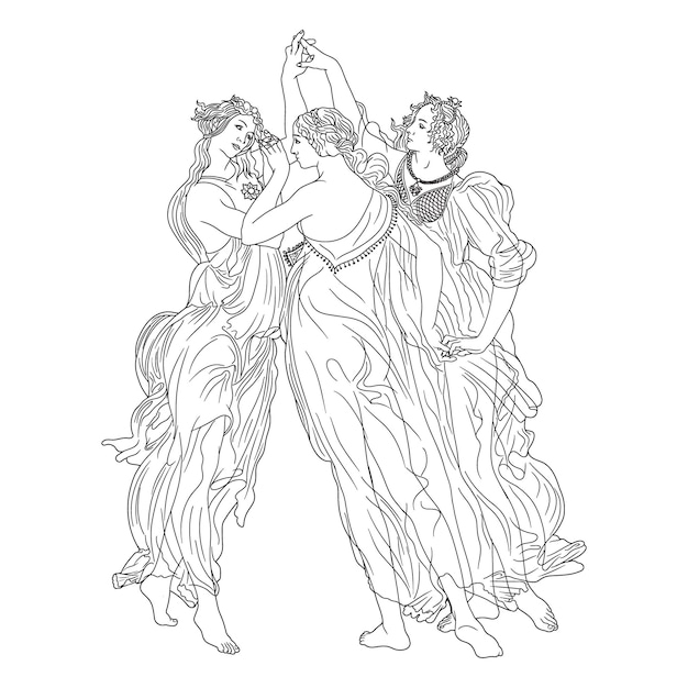 Drie jonge slanke meisjes dansen. een gestileerd element van een schilderij van kunstenaar sandro botticelli.