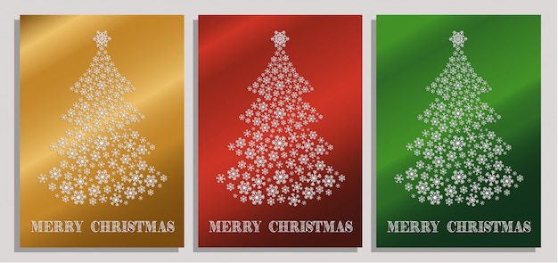 Vector drie kaarten van kerstmis pack met een boom gevormd door sneeuwvlokken