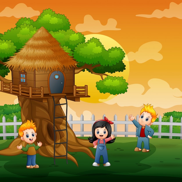 Drie kinderen spelen op de boomhut illustratie