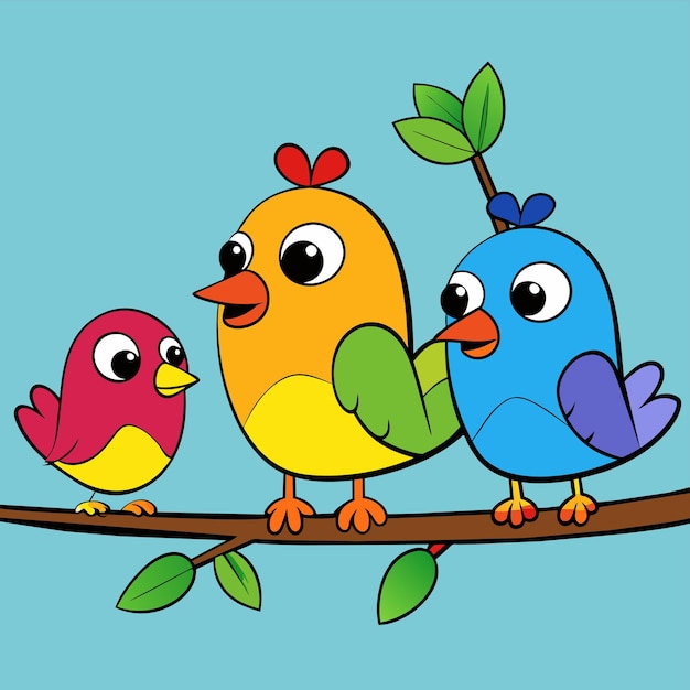 Vector drie kleurrijke vogels op een tak met een van hen heeft een blauwe achtergrond