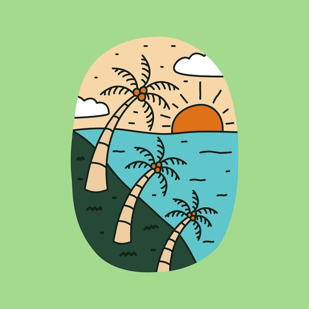 Drie kokospalm met zonsondergang zomer strand ontwerp voor voor sticker tshirt badge etc