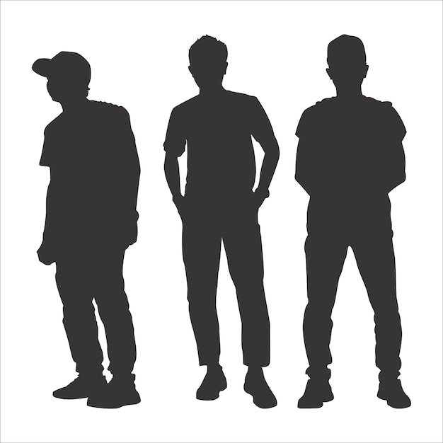 Vector drie mannen staan in silhouet, waarvan er één een pet draagt.