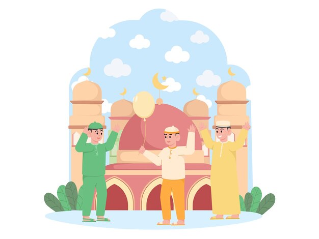 Vector drie mannen vieren een festival voor een moskee ramadan illustratie