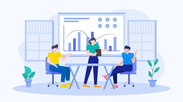 Vector drie mensen in een bedrijfsteam geven een presentatie over bedrijfsgroei met grafieken en grafieken in een moderne en creatieve coworkingruimte