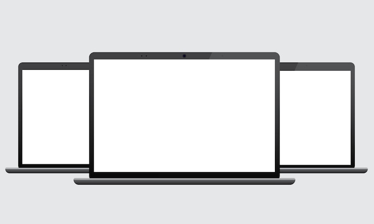 Vector drie moderne laptops met lege schermen geïsoleerd op een witte achtergrond. notebook voor het presenteren van webprojecten. illustratie sjabloon