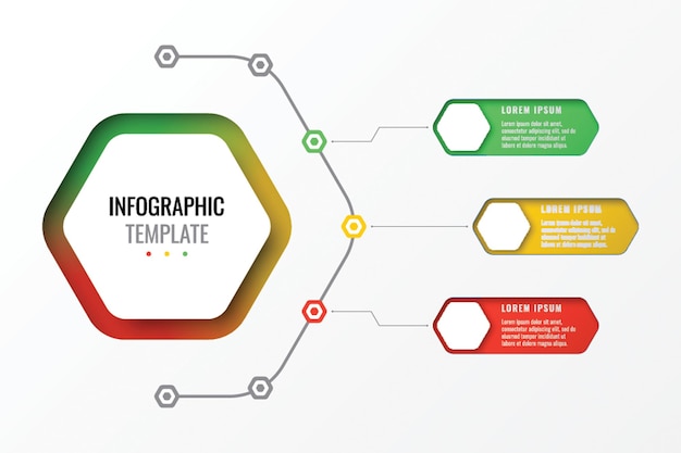 Drie opties ontwerp lay-out infographic sjabloon met zeshoekige elementen bedrijfsproces diagram