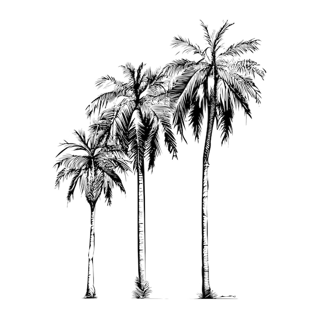 Drie palmbomen schets in lijnen hand getrokken. Vectorillustratie.