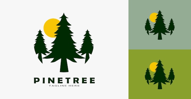 Drie pijnbomen met zon Eenvoudig ontwerp logo met groen dat geschikt is voor reizen en avontuur