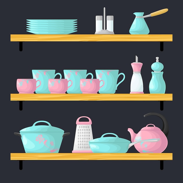 Drie planken met servies. Kookgerei in cartoon-stijl. Vector