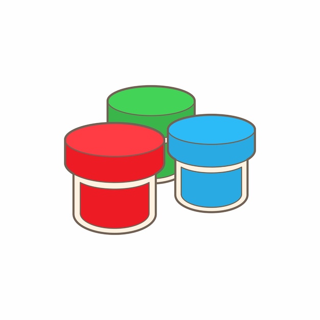 Drie plastic potten met gekleurd gouache icoon in cartoon stijl op een witte achtergrond