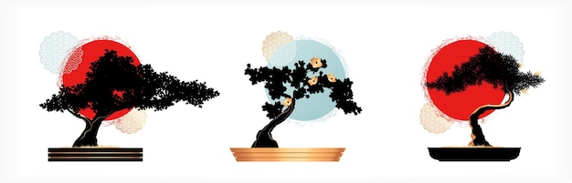 Drie platte emblemen in Japanse stijl met geïsoleerde vectorillustratie van de bonsaiboomsilhouetten