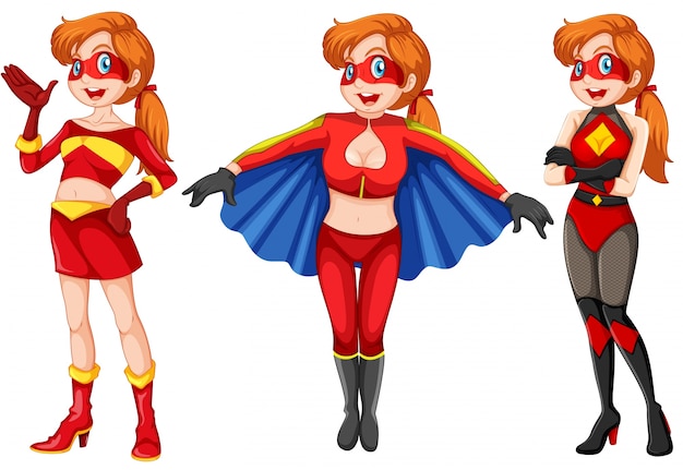 Drie poses van vrouwelijke superheld staande