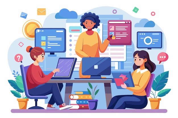 Drie programmeurs nemen deel aan een samenwerkende coderingssessie op computers met digitale inhoudsprogrammeurs leren programmeren via computers op websites