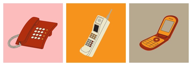 Vector drie retro telefoons van verschillende generatie drukknopapparaten en vintage mobiele telefoon met antenne