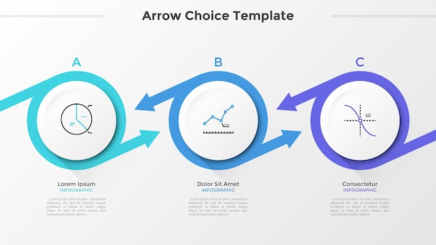 Drie ronde papieren witte elementen met dunne lijnsymbolen binnenin gerangschikt in horizontale rij en verbonden door kleurrijke pijlen. Infographic ontwerpsjabloon. Vectorillustratie voor presentatie.