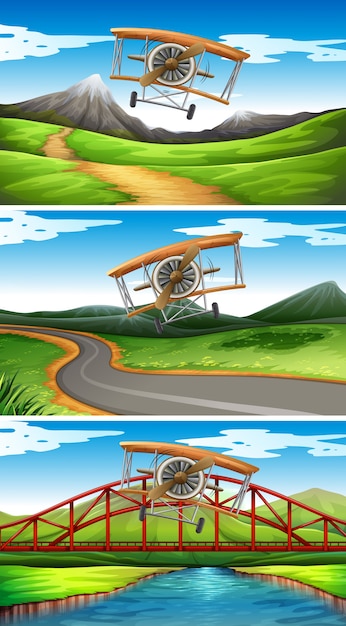 Vector drie scènes van vliegtuigen die in hemel vliegen