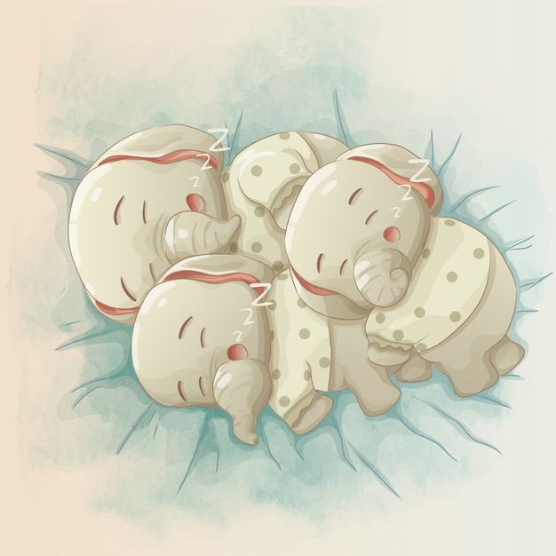 Drie schattige babyolifanten die samen slapen. vector cartoon hand getrokken