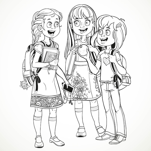 Drie schattige schoolmeisjes met een schooltas socialiseren lineaire tekening