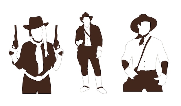 Drie silhouetten van mannen waarvan één met een cowboyhoed en één met een cowboyhoed.