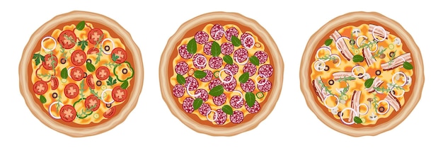 Drie soorten pizza op dezelfde achtergrond