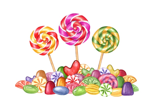 Drie spiraalvormige ronde lolly's omringd door kleurrijke kleine karamels Ronde snoepjes bonbons met gestreepte wervelingen gummy Bunt van snoepjes van verschillende vormen en kleuren Aquarel illustratie