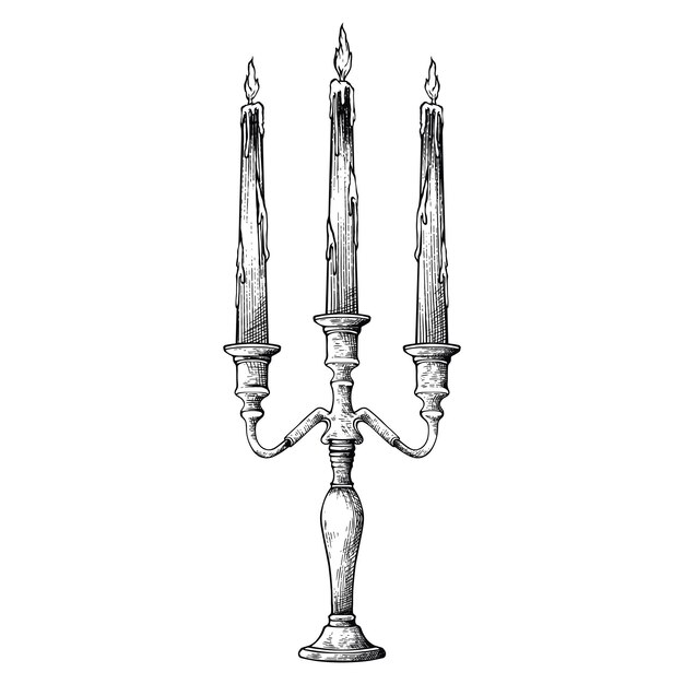 Vector drie staande kaarsen met brandende vlammen gravure pen en inkt vintage vector