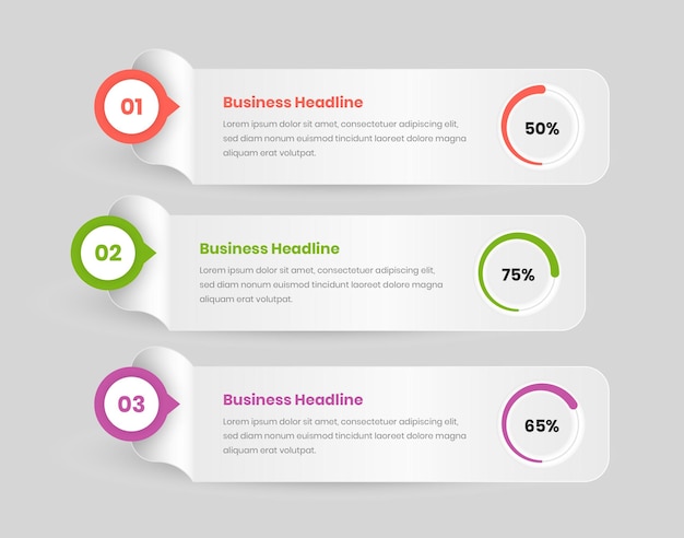 Vector drie stappen minimalistische moderne infografische sjabloon met cirkelvormige vooruitgang grafiek en procent