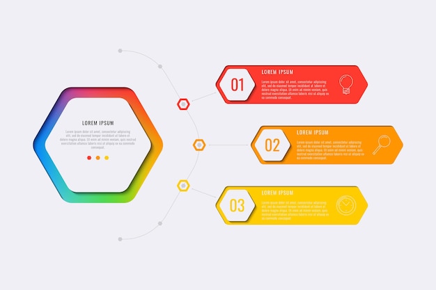 drie stappen ontwerp lay-out infographic sjabloon met zeshoekige elementen bedrijfsproces diagram