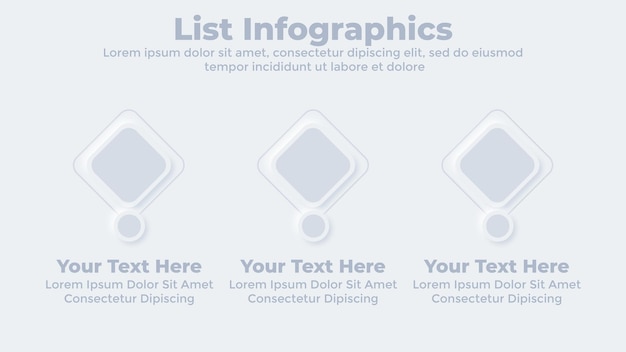 Drie stappen vierkante vorm infographic neumorfe zakelijke presentatie diasjabloon