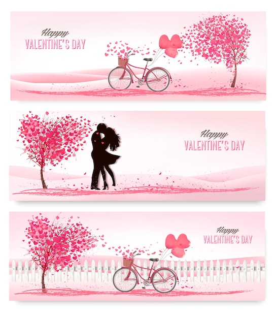 Drie valentijnsdag banners met roze bomen en harten.