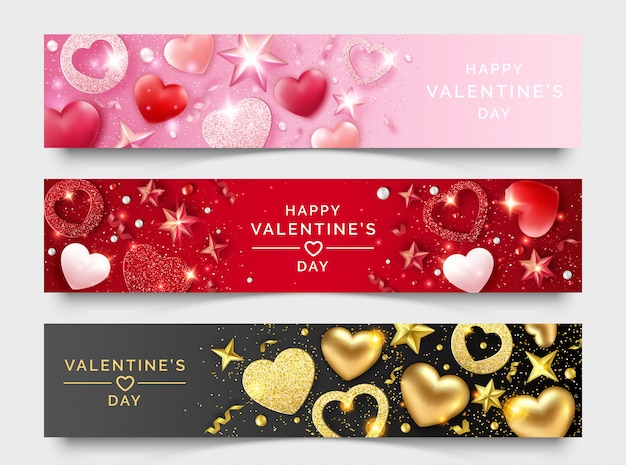 Vector drie valentijnsdag horizontale banners met glanzende harten, linten, sterren en kleurrijke ballen